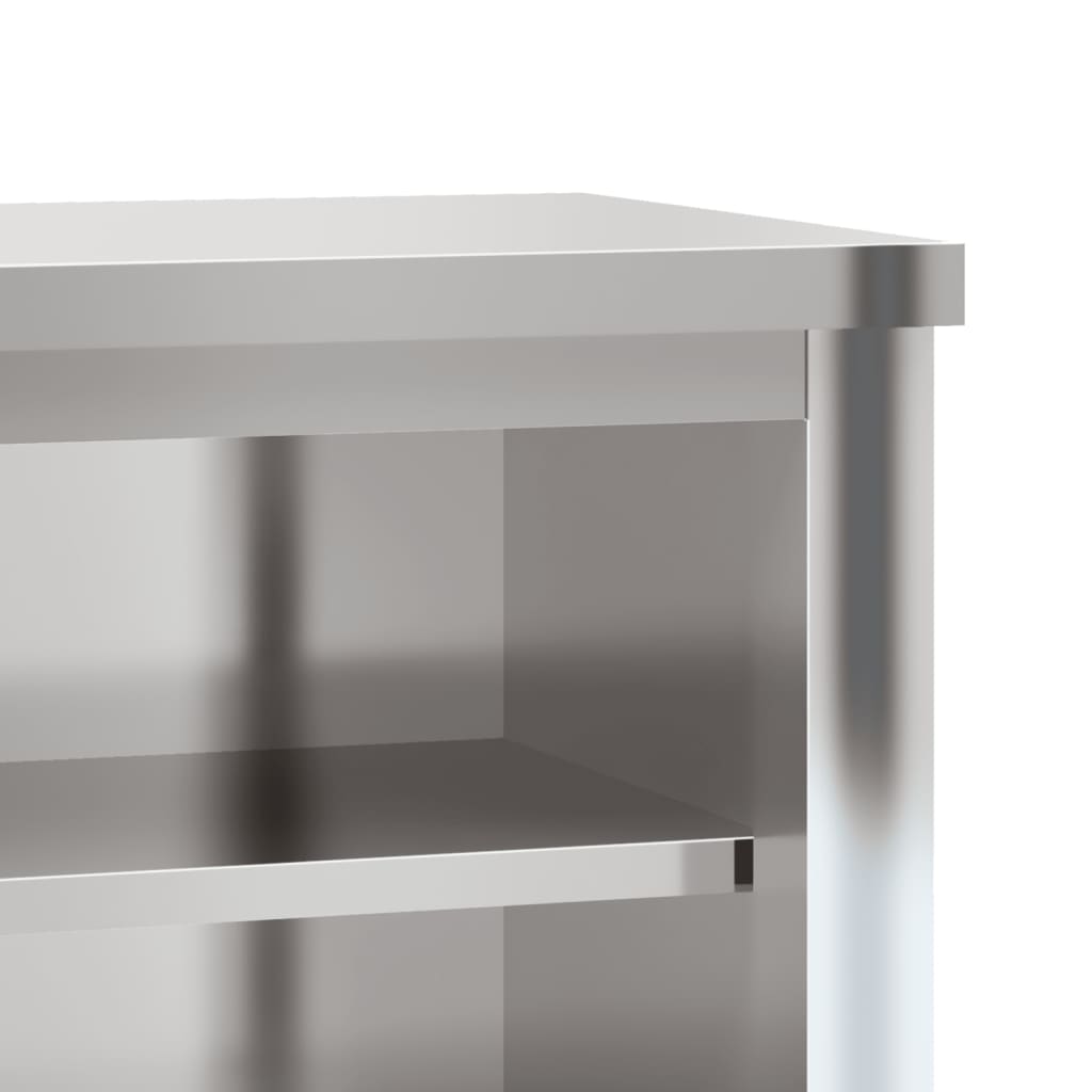 Stainless steel kitchen wall cabinet with shelves for affordable, quality food storage in commercial spaces.