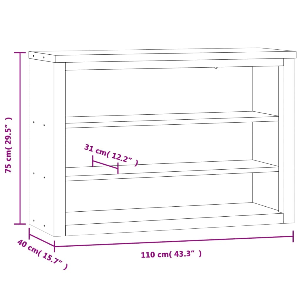 Dimensions diagram of a kitchen wall cabinet showing shelves and measurements in centimeters and inches.