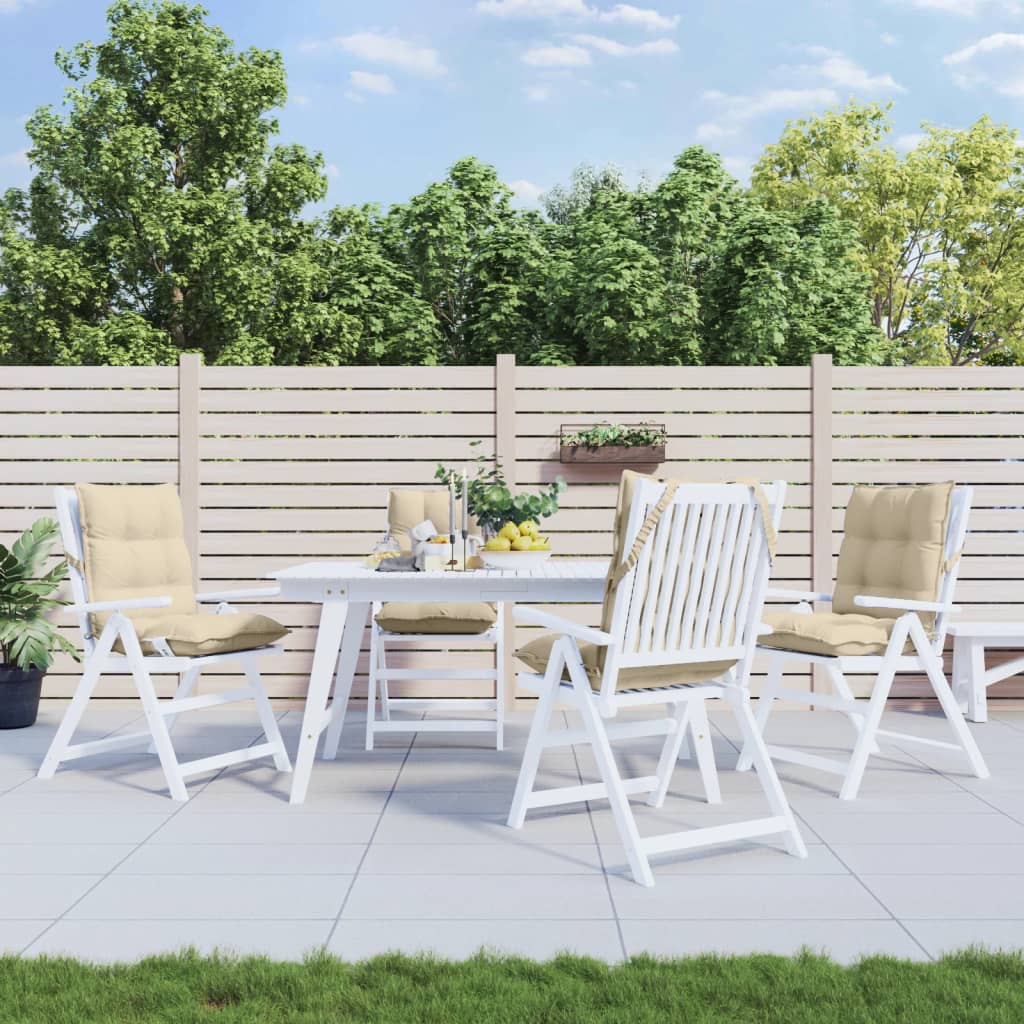 Beige lowback chair cushions on patio chairs around a table in an outdoor space, featuring affordable quality Oxford fabric.