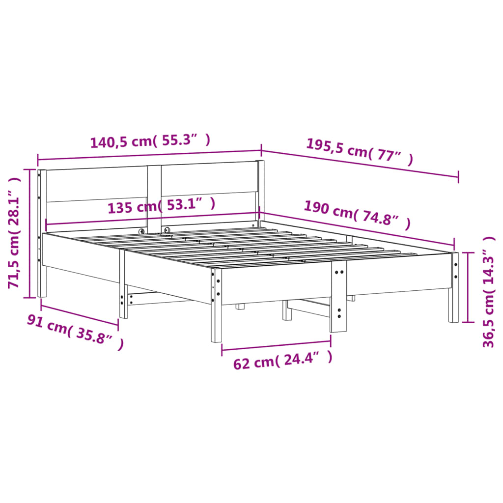 Bed Frame without Mattress 135x190 cm Solid Wood Pine