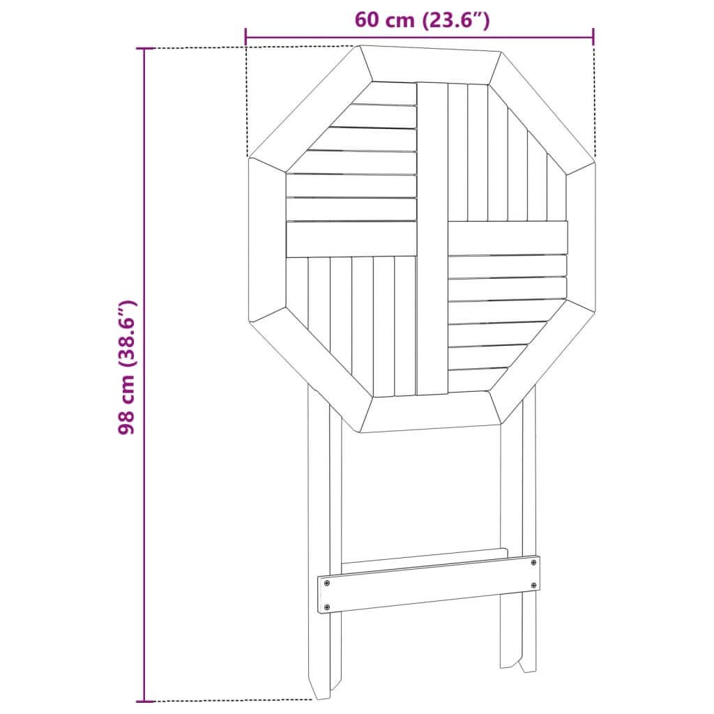 Dimensions diagram of folding garden table Ø60x75 cm, made of solid acacia wood, showcasing practical and space-saving design.