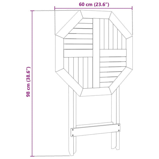 Dimensions diagram of folding garden table Ø60x75 cm, made of solid acacia wood, showcasing practical and space-saving design.