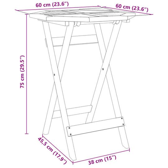 Diagram of Ø60x75 cm foldable garden table in solid acacia wood, showcasing dimensions and practical design for outdoor use