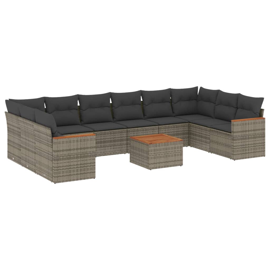 11 Piece affordable grey poly rattan garden sofa set with cushions, perfect for DIY patios and luxe outdoor spaces.