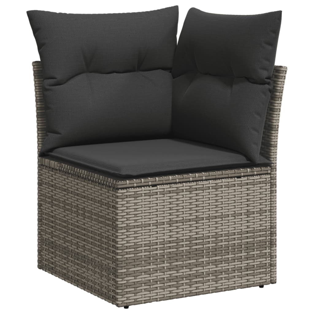 Affordable corner sofa chair with grey poly rattan and plush cushions for quality outdoor relaxation.