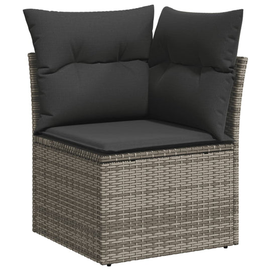 Affordable corner sofa chair with grey poly rattan and plush cushions for quality outdoor relaxation.