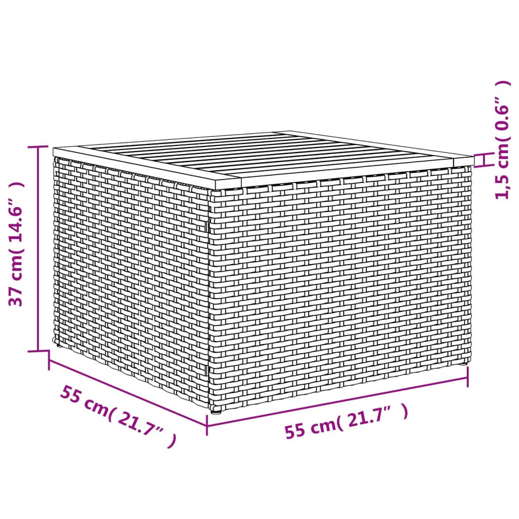 Dimensions of a square garden table with a poly rattan design, measuring 55 cm x 55 cm x 37 cm, perfect for outdoor use.