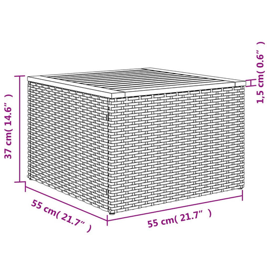 Dimensions of a square garden table with a poly rattan design, measuring 55 cm x 55 cm x 37 cm, perfect for outdoor use.