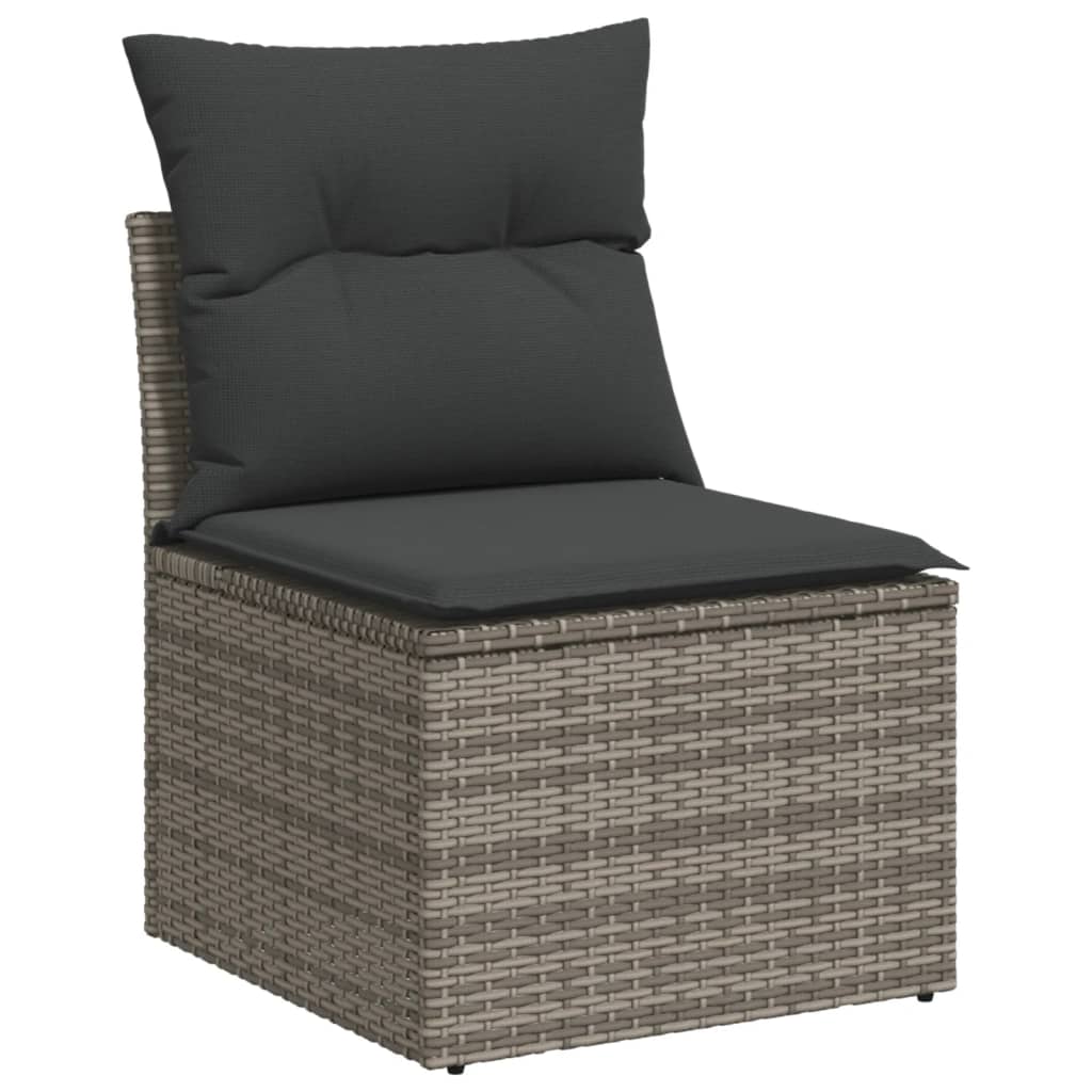 Affordable grey poly rattan garden sofa chair with plush cushions for outdoor comfort and relaxation.