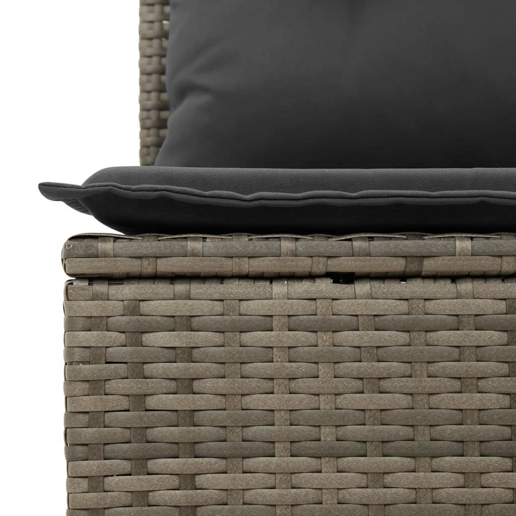 Close-up of grey poly rattan garden sofa set with comfortable black cushion, showcasing quality and affordable outdoor furniture design.