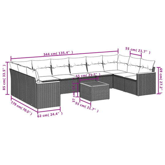 Dimensions of 11 Piece Garden Sofa Set with Cushions in grey poly rattan, showcasing the layout and measurements for outdoor spaces.