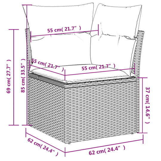 Dimensions of an 11-piece grey poly rattan garden sofa set with cushions, showcasing its quality and affordable design.