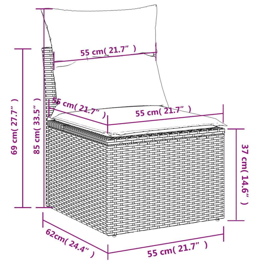 Dimensions of an 11 Piece Garden Sofa Set: chair height 69 cm, width 55 cm, depth 62 cm, featuring cushions in grey poly rattan.