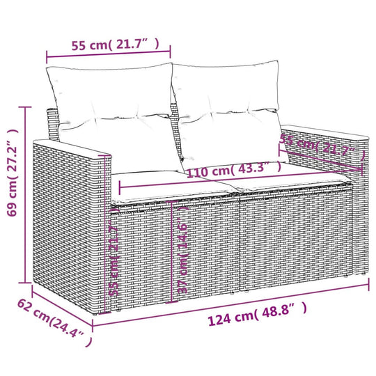 Dimensions of 11 Piece Garden Sofa Set with Cushions in Grey Poly Rattan, showing measurement details for optimal placement.