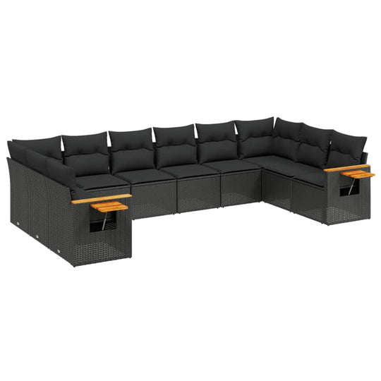 10 Piece Garden Sofa Set with Cushions Black Poly Rattan