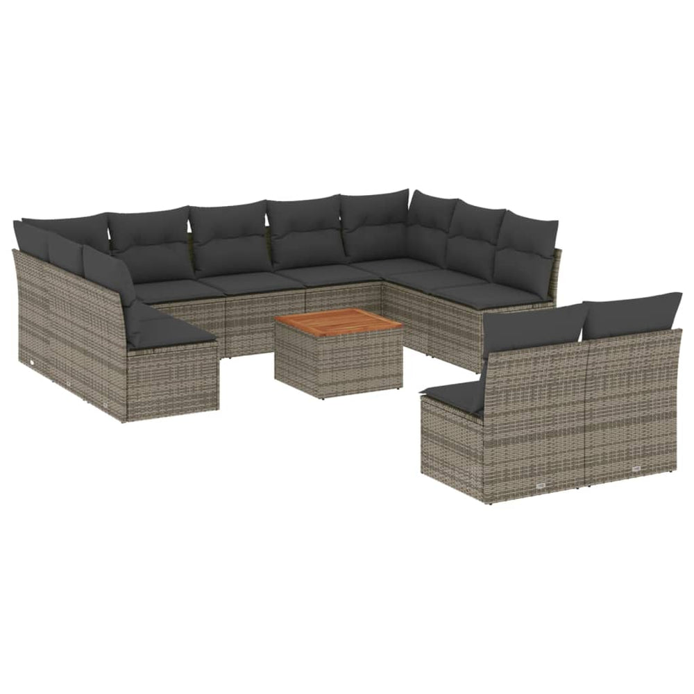 12 piece grey poly rattan garden sofa set with cushions, perfect for outdoor relaxation and entertaining. Affordable luxury for your patio.