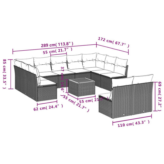 Dimensions of a 12 Piece Garden Sofa Set with Cushions in Grey Poly Rattan, showcasing a stylish outdoor furniture layout.