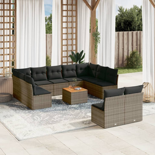 12 piece grey poly rattan garden sofa set with cushions, perfect for affordable outdoor lounging and relaxation.