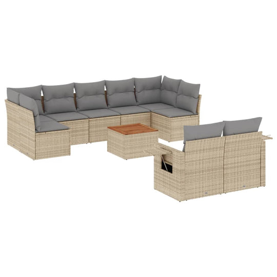 10 piece beige garden sofa set with gray cushions and a wooden coffee table for outdoor relaxation and entertaining.