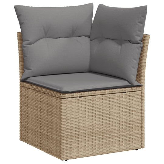 Affordable corner sofa chair in beige poly rattan with gray cushions for outdoor relaxation and DIY patio decor.