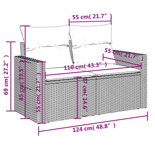 Dimensions diagram of a 10 Piece Garden Sofa Set with cushions, showcasing sizes in cm and inches for easy reference.