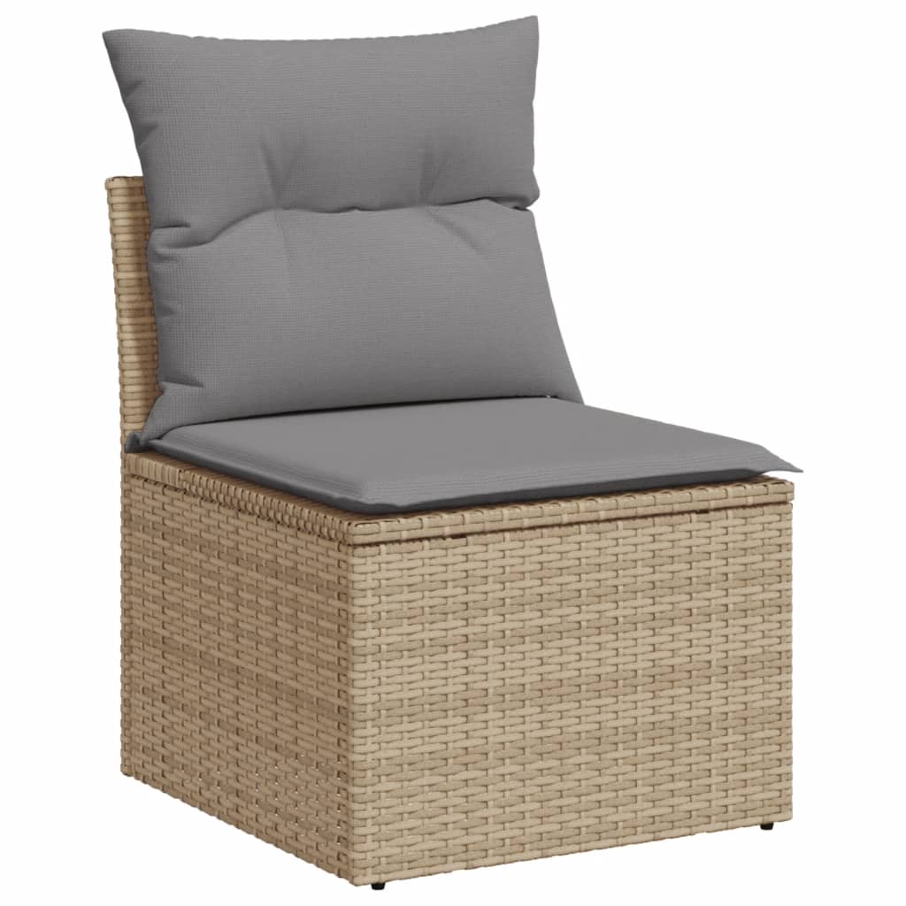 Affordable beige poly rattan garden chair with plush gray cushions for a luxe outdoor experience.