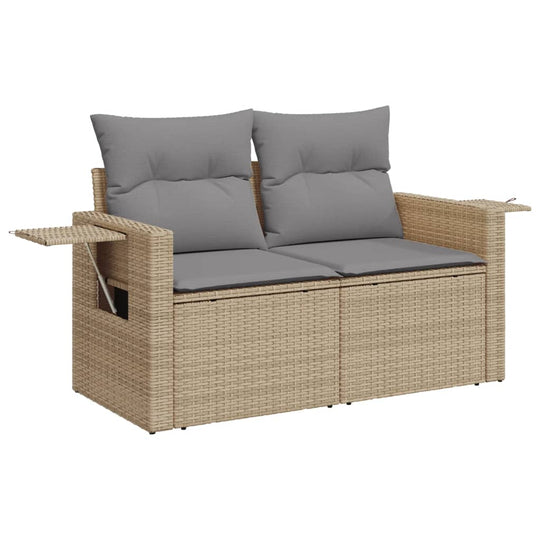 Affordable beige poly rattan garden sofa with gray cushions, perfect for outdoor relaxation and entertaining.