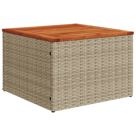 Affordable square side table in beige poly rattan with a wooden top, perfect for outdoor garden sofa sets and DIY patios.