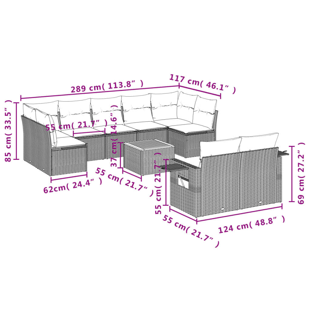 10 Piece garden sofa set dimensions with cushions in beige poly rattan, showcasing affordable luxury for outdoor spaces.