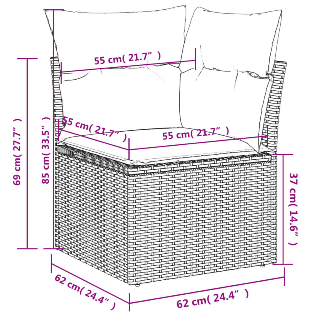 Dimensions of a garden sofa chair in beige poly rattan with cushions, showcasing affordable comfort for outdoor spaces.