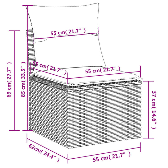 Detailed dimensions of a garden sofa, featuring cushion and poly rattan design, ideal for outdoor spaces.