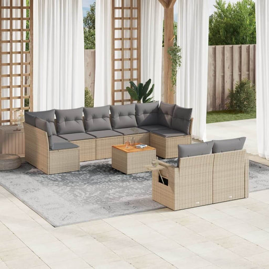 Stylish beige poly rattan garden sofa set with cushions, perfect for outdoor relaxing and entertaining. Affordable luxury furniture.