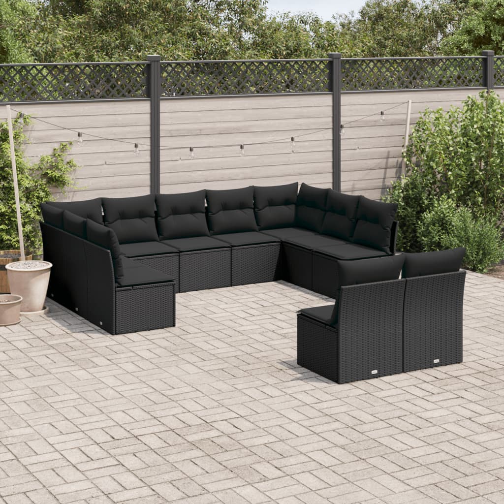 11 Piece Garden Sofa Set with Cushions Black Poly Rattan