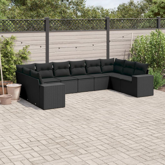 10 Piece Garden Sofa Set with Cushions Black Poly Rattan