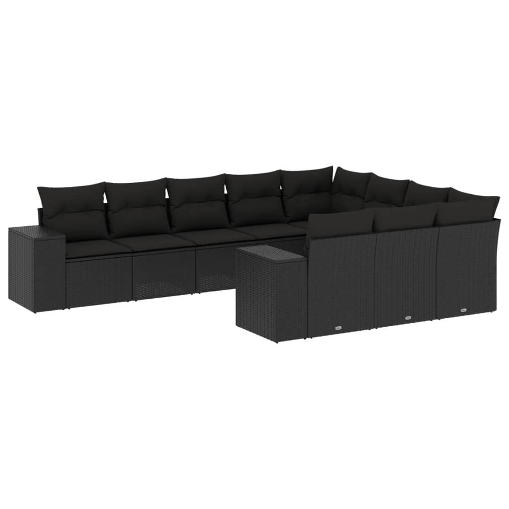 10 Piece Garden Sofa Set with Cushions Black Poly Rattan