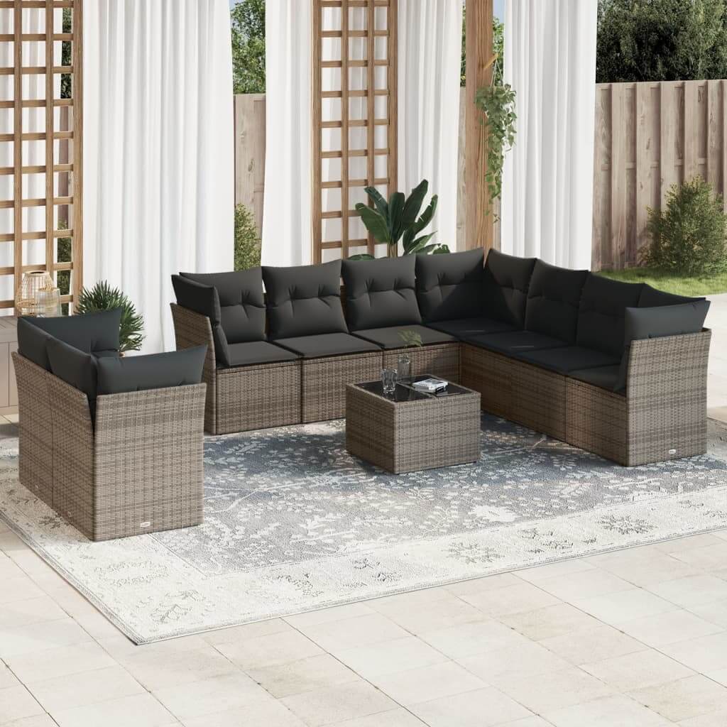 10 Piece Garden Sofa Set with Cushions Grey Poly Rattan