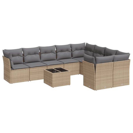 10 piece beige poly rattan garden sofa set with cushions, perfect for affordable outdoor relaxation and conversation.