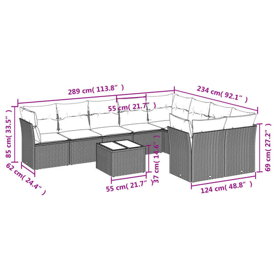 Dimensions diagram for 10 Piece Garden Sofa Set with Cushions, showing measurements in cm for optimal space planning.