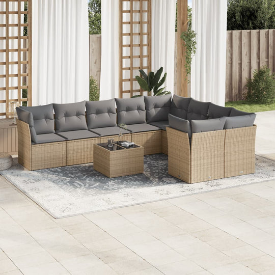 10 Piece Garden Sofa Set in Beige Poly Rattan with Cushions, perfect for outdoor relaxation and stylish gatherings.