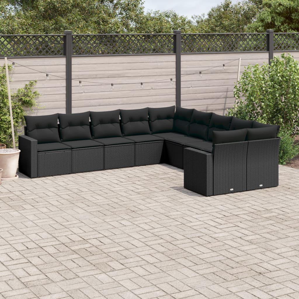 10 Piece Garden Sofa Set with Cushions Black Poly Rattan