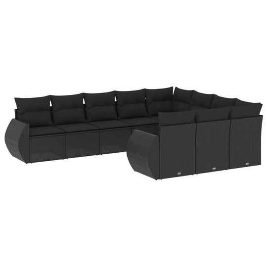 10 Piece Garden Sofa Set with Cushions Black Poly Rattan