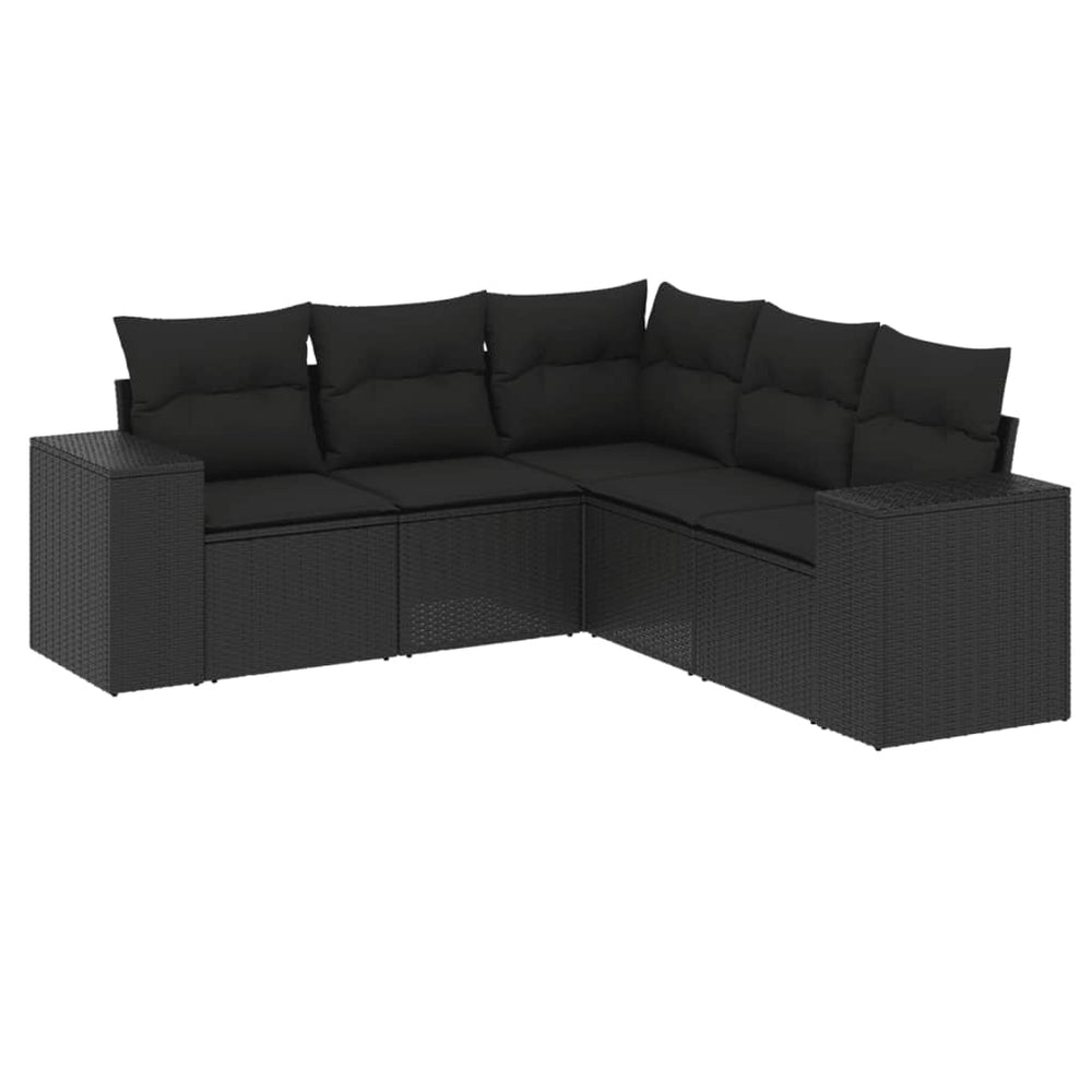 5 Piece Garden Sofa Set with Cushions Black Poly Rattan