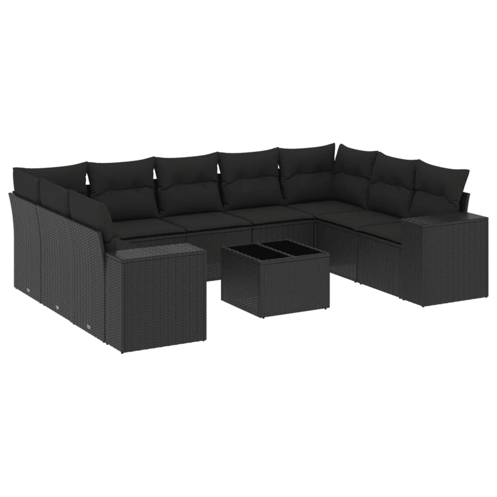 Affordable 10 piece garden sofa set with black poly rattan and cushions for luxurious outdoor DIY living spaces.