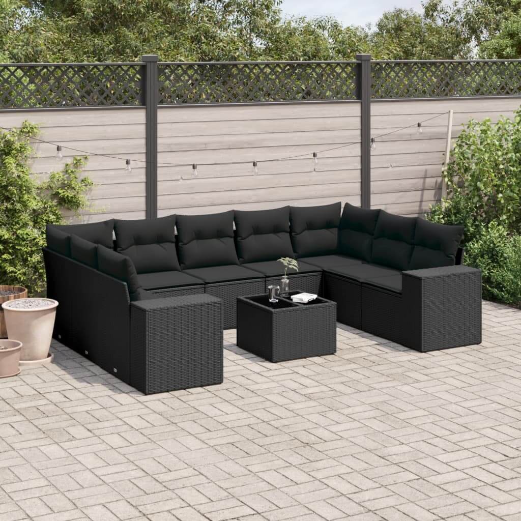 Affordable black poly rattan garden sofa set with cushions, ideal for DIY patio setups, offering quality relaxation in a luxe outdoor space.