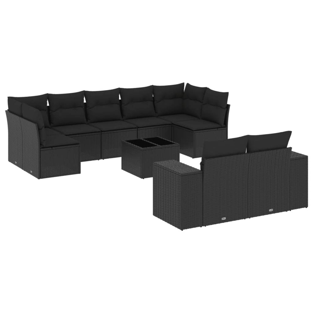 Affordable 10 piece black poly rattan garden sofa set with cushions, perfect for luxe outdoor relaxation and DIY setup.