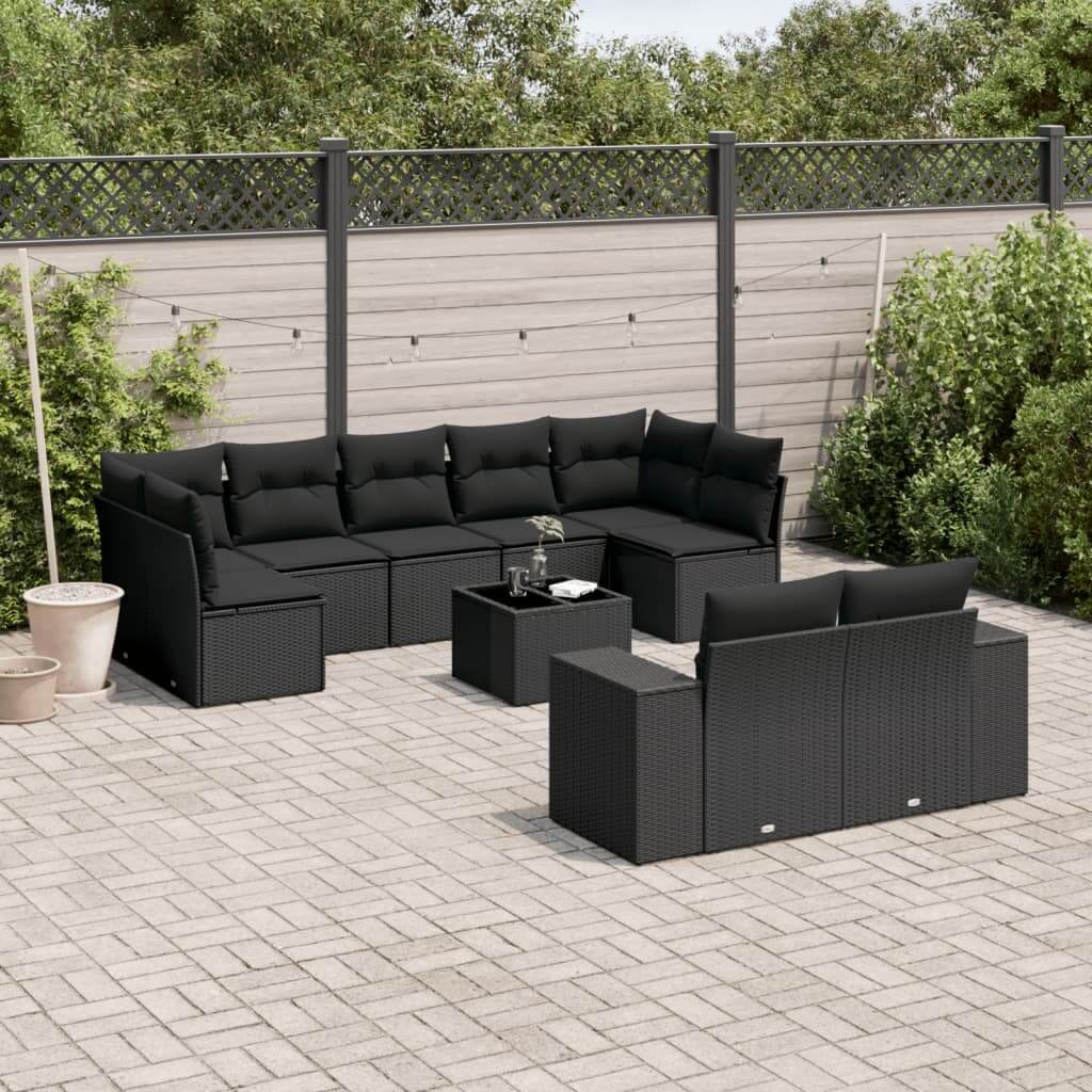 Affordable luxe 10 piece black poly rattan garden sofa set with cushions, perfect for DIY outdoor patios and terraces.