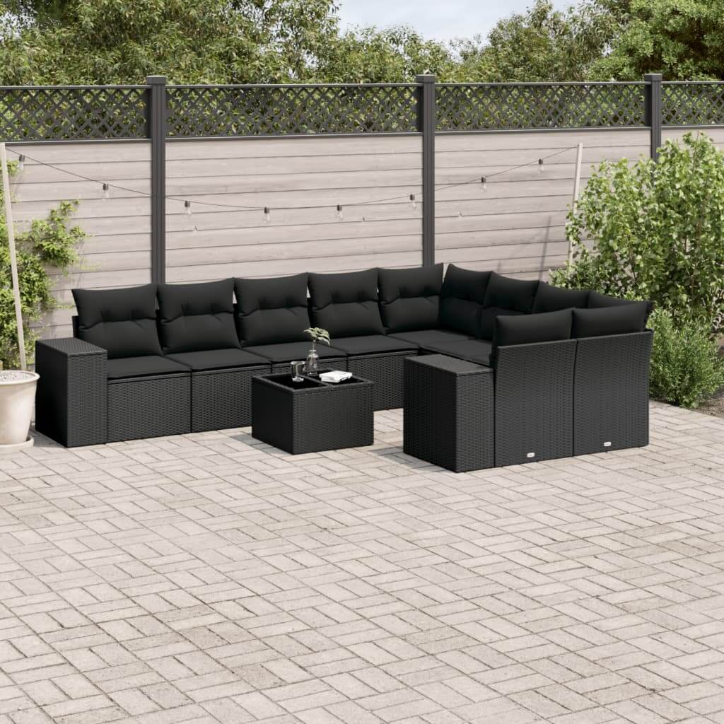 Affordable 10 piece black poly rattan garden sofa set with cushions for patio, offering quality and luxe relaxation space.