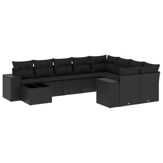 10 Piece Black Poly Rattan Garden Sofa Set with Cushions for Affordable Outdoor Relaxation and DIY Spaces.