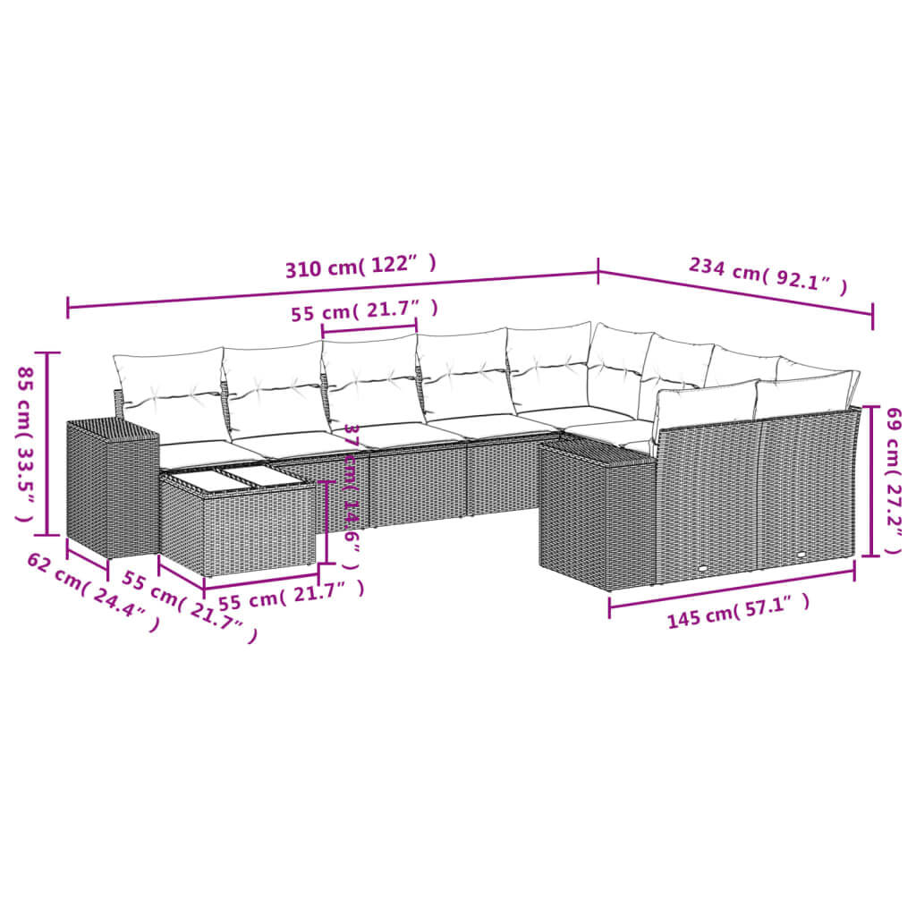 Dimensions of a 10 Piece Garden Sofa Set with Cushions in black poly rattan, showcasing a stylish and spacious outdoor seating option.