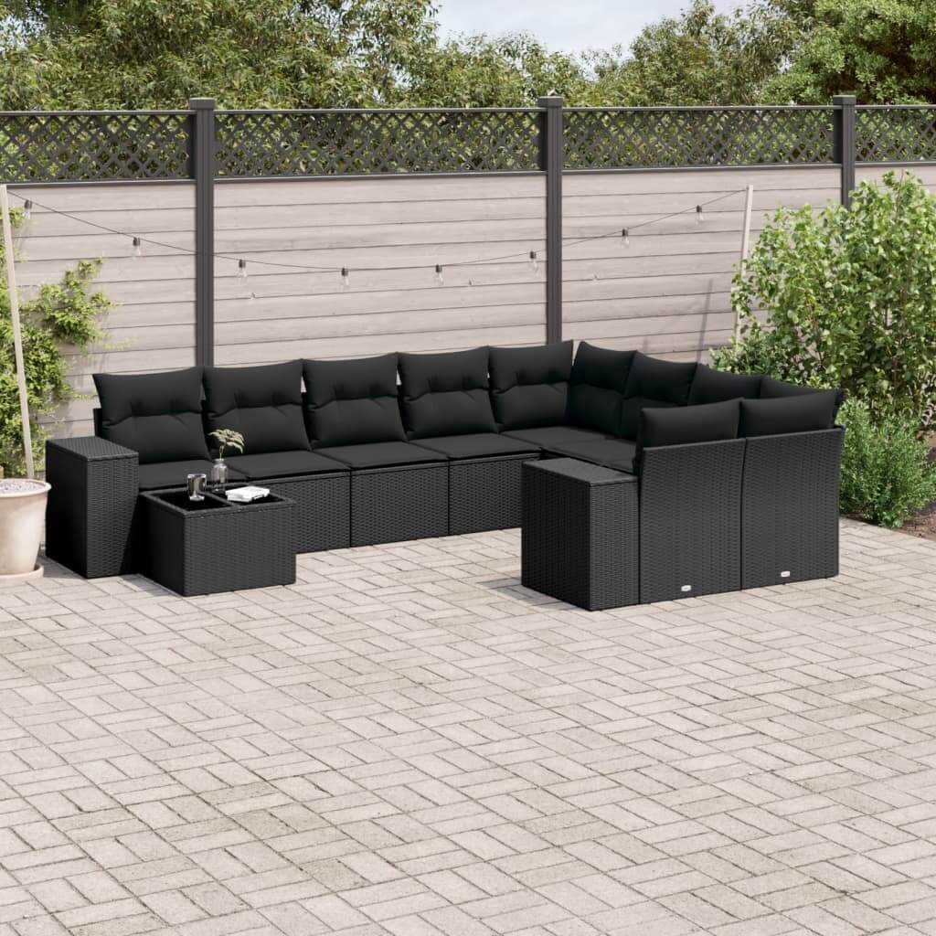 10 Piece Black Poly Rattan Garden Sofa Set with Cushions arranged in a backyard, ideal for affordable outdoor lounging.